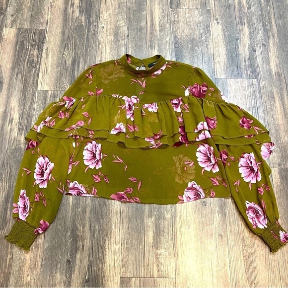 Forever 21 Green Floral Sheer Long Sleeves Ruffled Top Mock Neck Size S - Picture 7 of 13